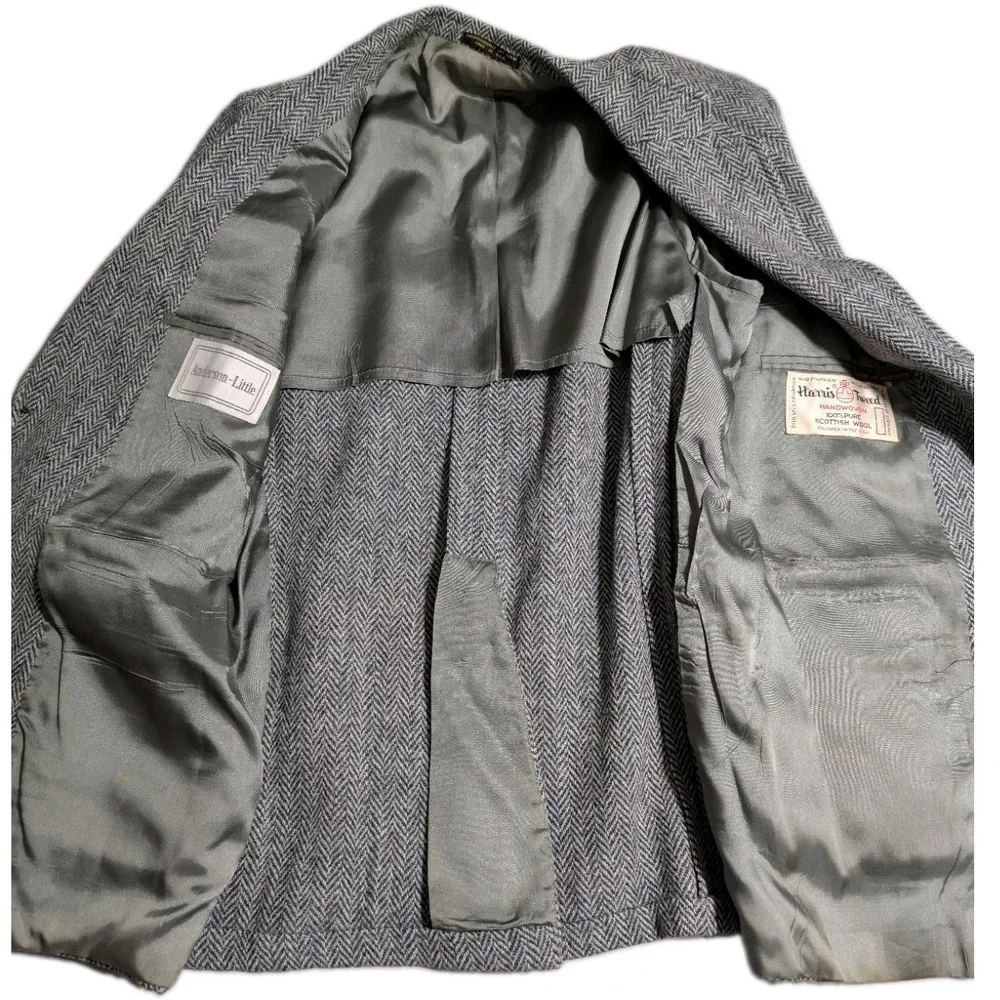 Vintage Harris Tweed Blazer Mens 40 42 Gray Herringbone Wool Anderson-Little USA